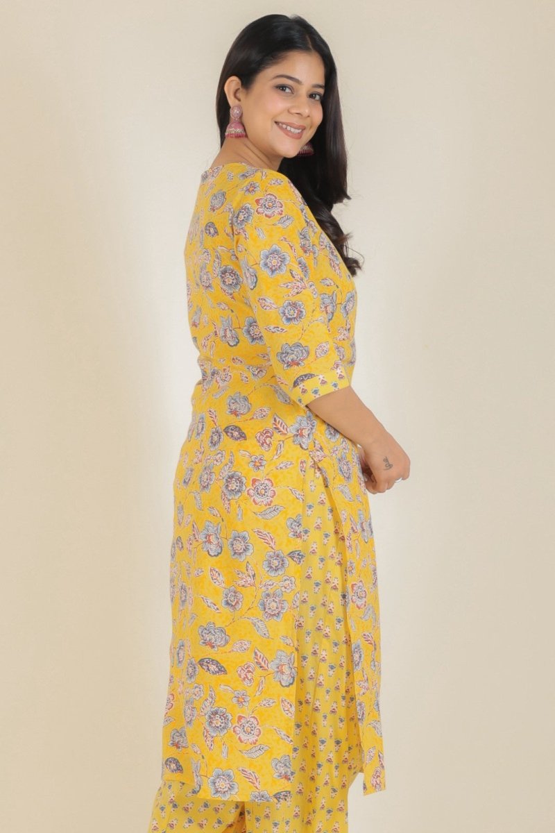 Aramya Straight Soft Cotton Floral Print Women's Kurta - Yellow | Grocsy