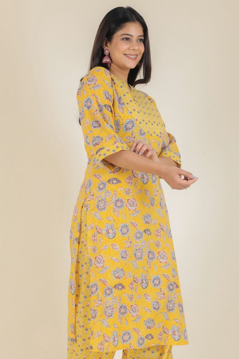 Aramya Straight Soft Cotton Floral Print Women's Kurta - Yellow | Grocsy