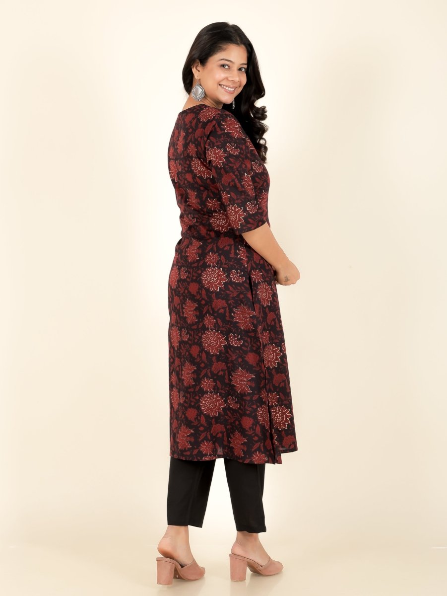 Aramya A-line Soft Cotton Floral Print Women's Kurta - Black | Grocsy
