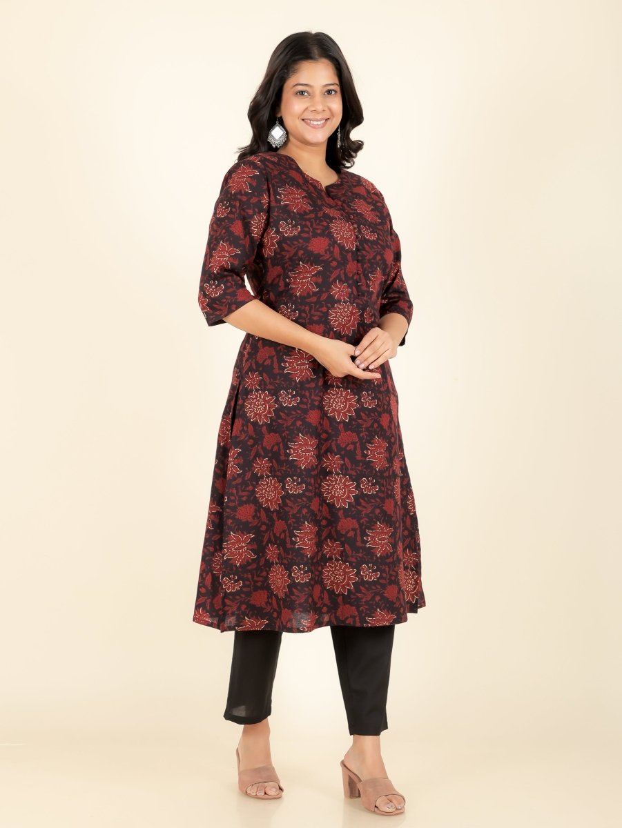 Aramya A-line Soft Cotton Floral Print Women's Kurta - Black | Grocsy