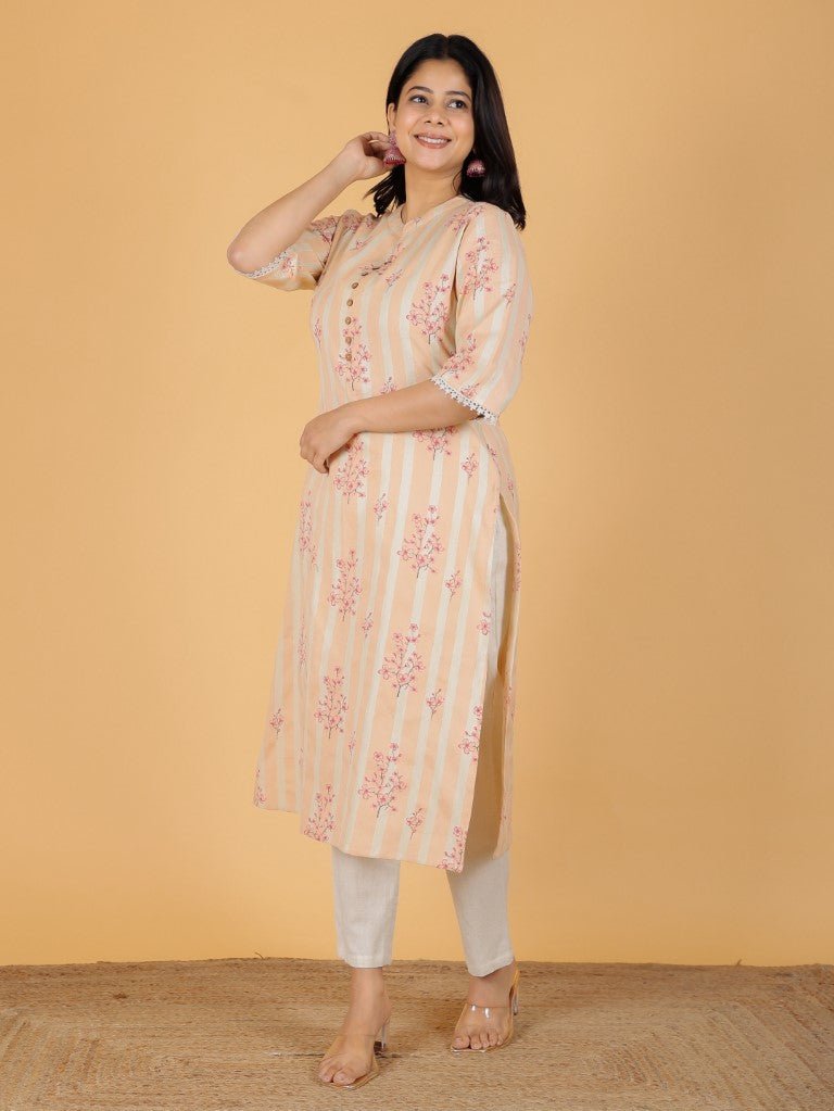 Aramya Straight Soft Cotton Floral Print Women's Kurta - Off White | Grocsy
