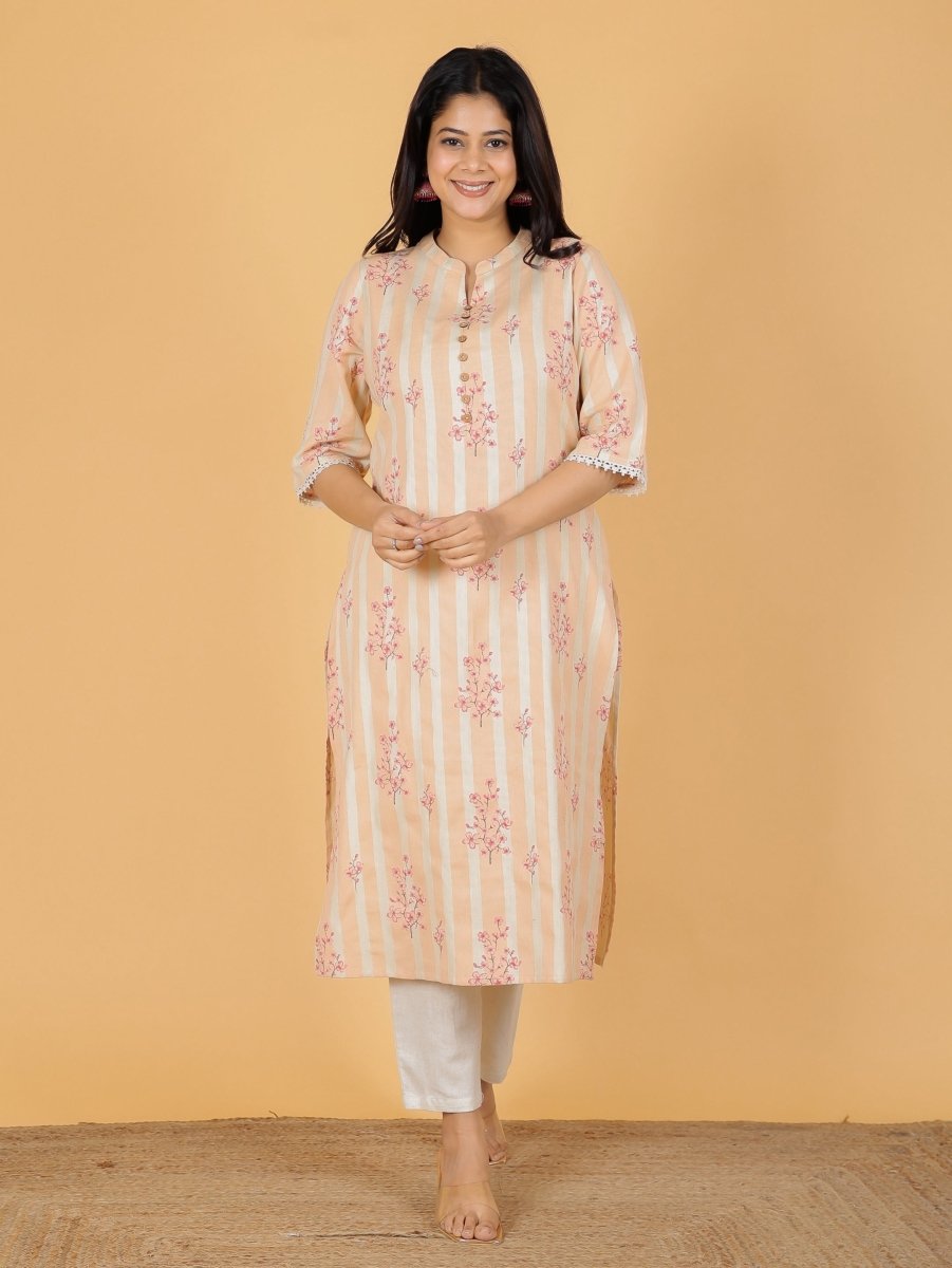 Aramya Straight Linen Cotton Floral Print Women's Kurta Set - Orange | Grocsy