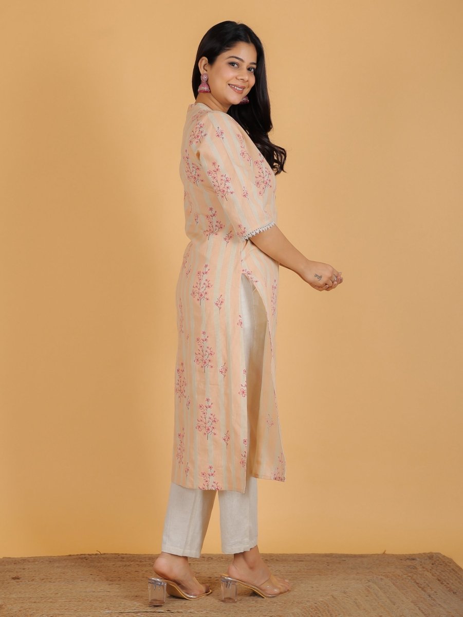 Aramya Straight Linen Cotton Floral Print Women's Kurta Set - Orange | Grocsy