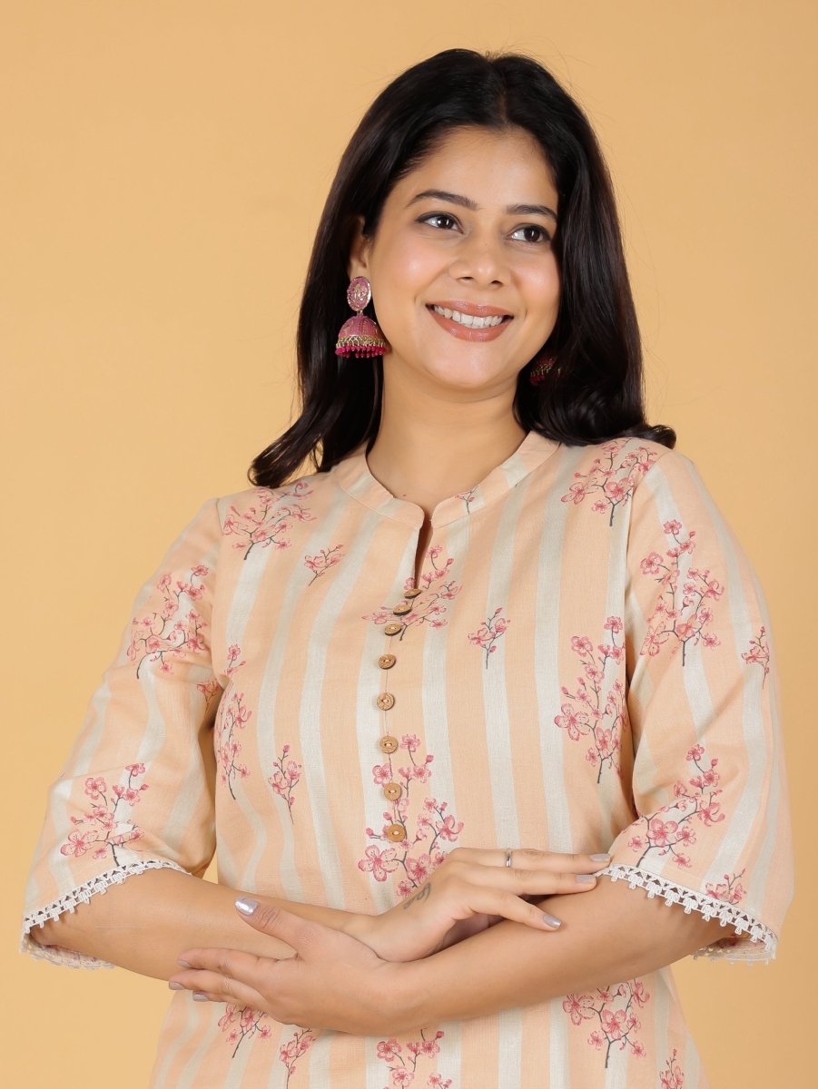 Aramya Straight Linen Cotton Floral Print Women's Kurta Set - Orange | Grocsy