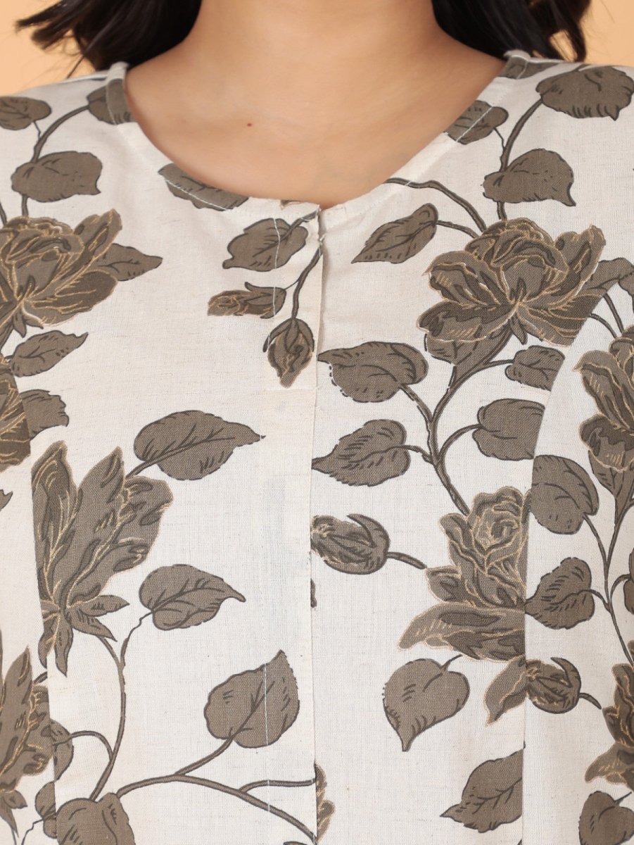 Aramya A-line Linen Cotton Floral Print Women's Kurta Set - White | Grocsy