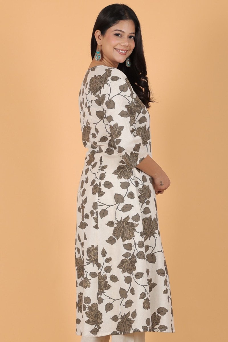 Aramya A-line Linen Cotton Floral Print Women's Kurta - White | Grocsy