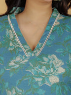 Aramya Straight Linen Cotton Floral Print Women's Kurta Set - Green | Grocsy