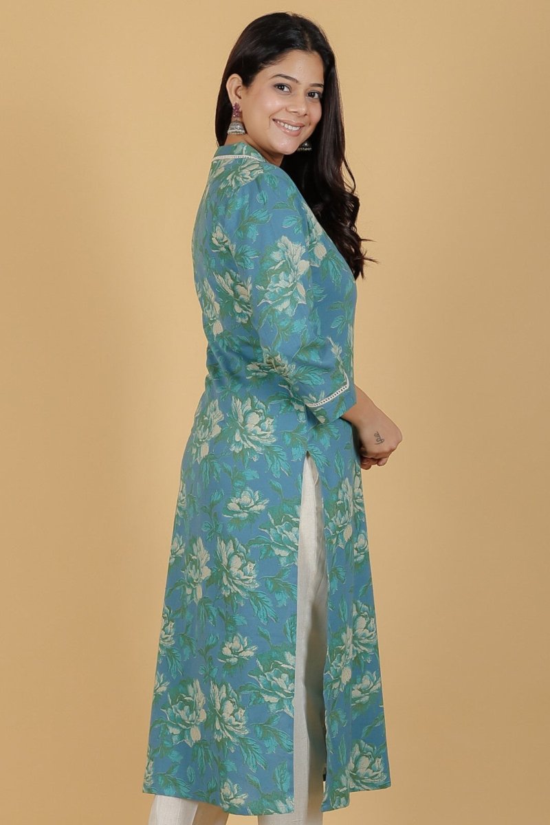 Aramya Straight Linen Cotton Floral Print Women's Kurta Set - Green | Grocsy