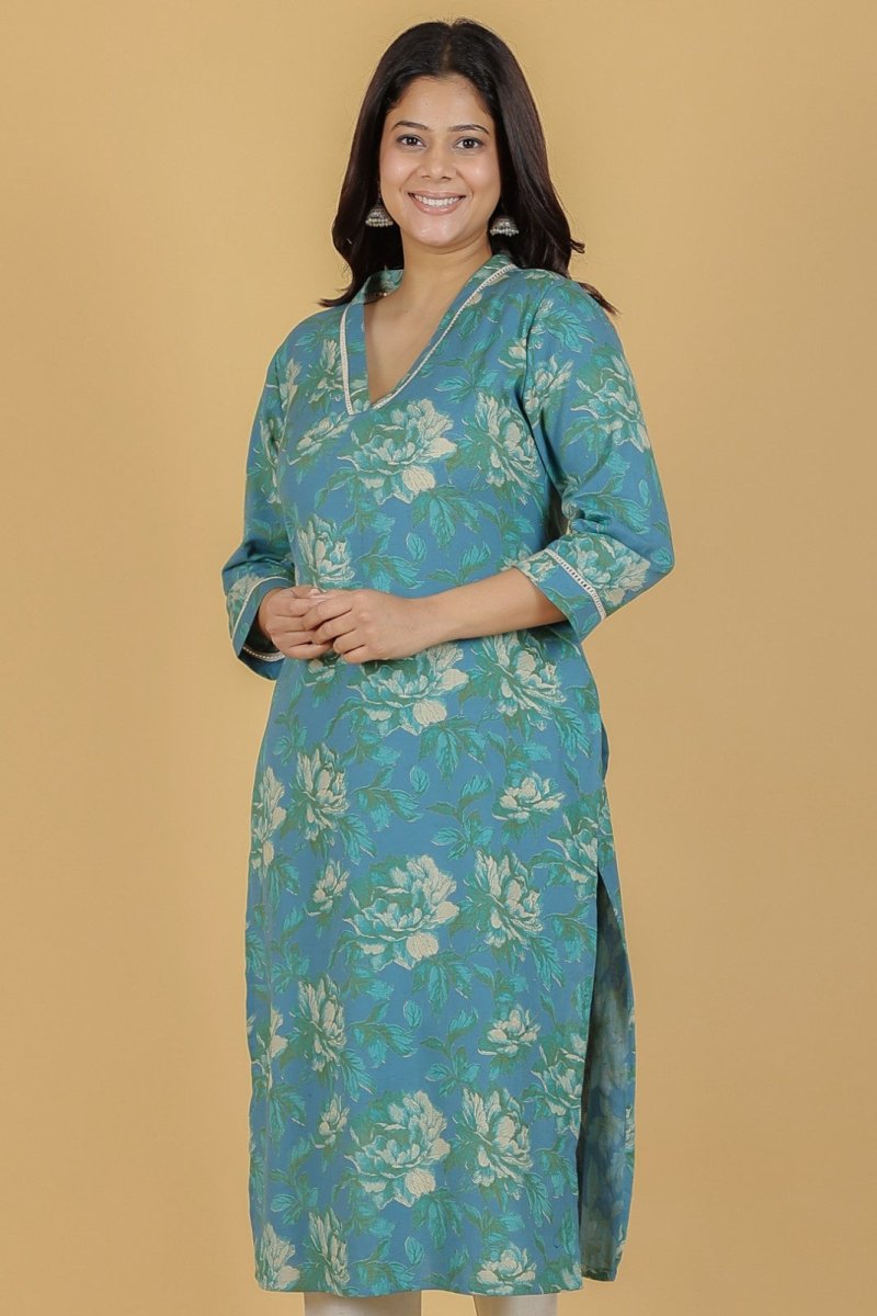 Aramya Straight Linen Cotton Floral Print Women's Kurta Set - Green | Grocsy