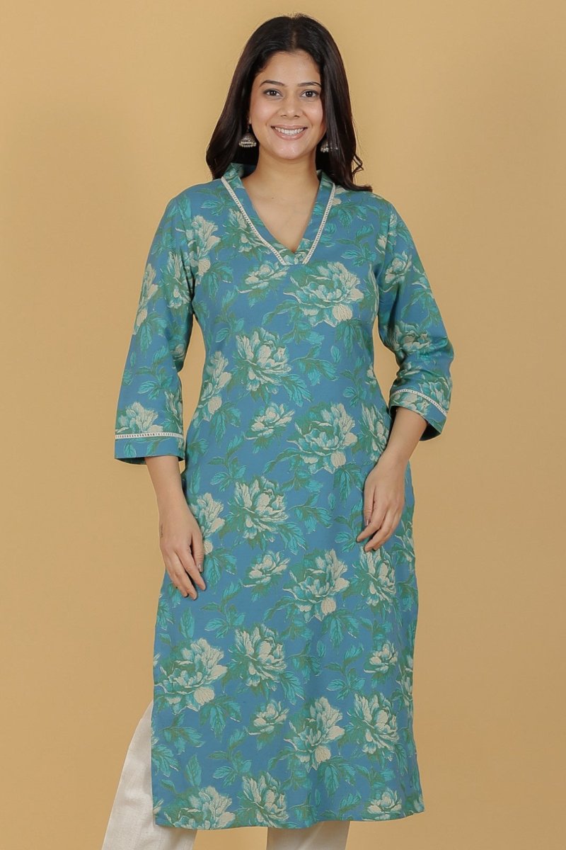 Aramya Straight Linen Cotton Floral Print Women's Kurta Set - Green | Grocsy