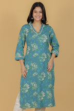 Aramya Straight Linen Cotton Floral Print Women's Kurta Set - Green | Grocsy