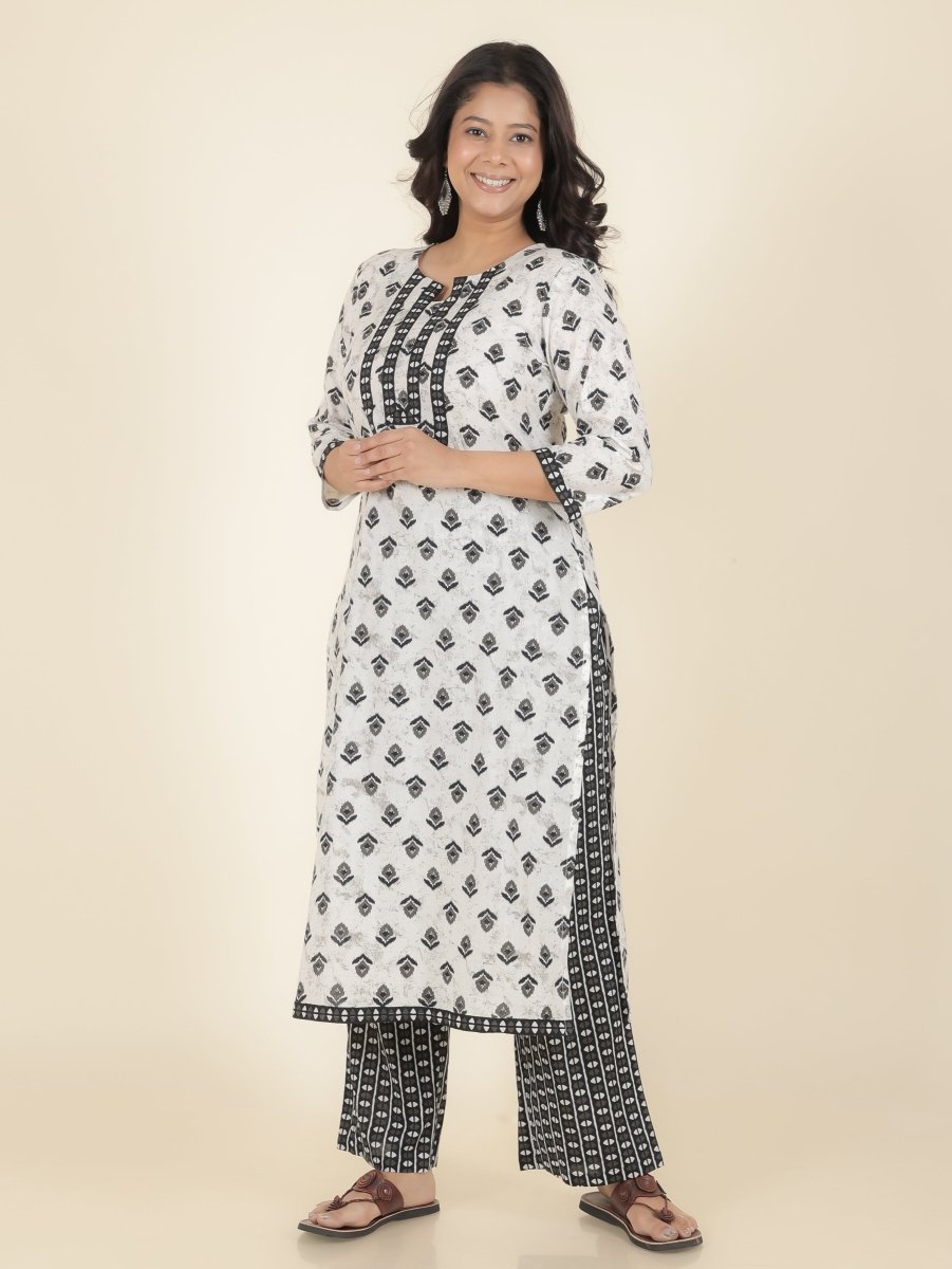 Aramya Straight Soft Cotton Ikat Print Women's Kurta Set - White | Grocsy