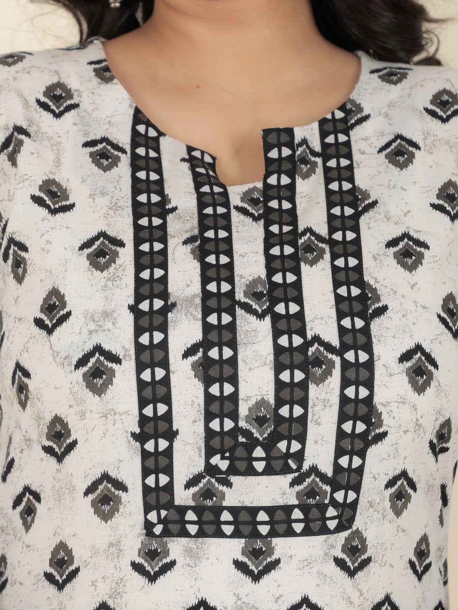Aramya Straight Soft Cotton Ikat Print Women's Kurta Set - White | Grocsy