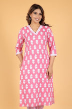 Aramya Straight Soft Cotton Floral Print Women's Kurta Set - Pink | Grocsy