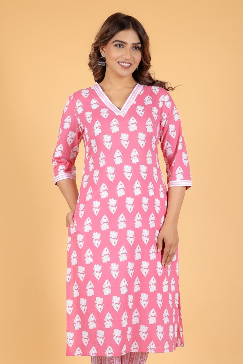 Aramya Straight Soft Cotton Floral Print Women's Kurta Set - Pink | Grocsy