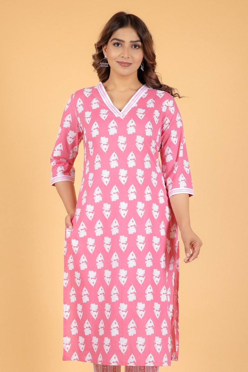 Aramya Straight Soft Cotton Floral Print Women's Kurta Set - Pink | Grocsy