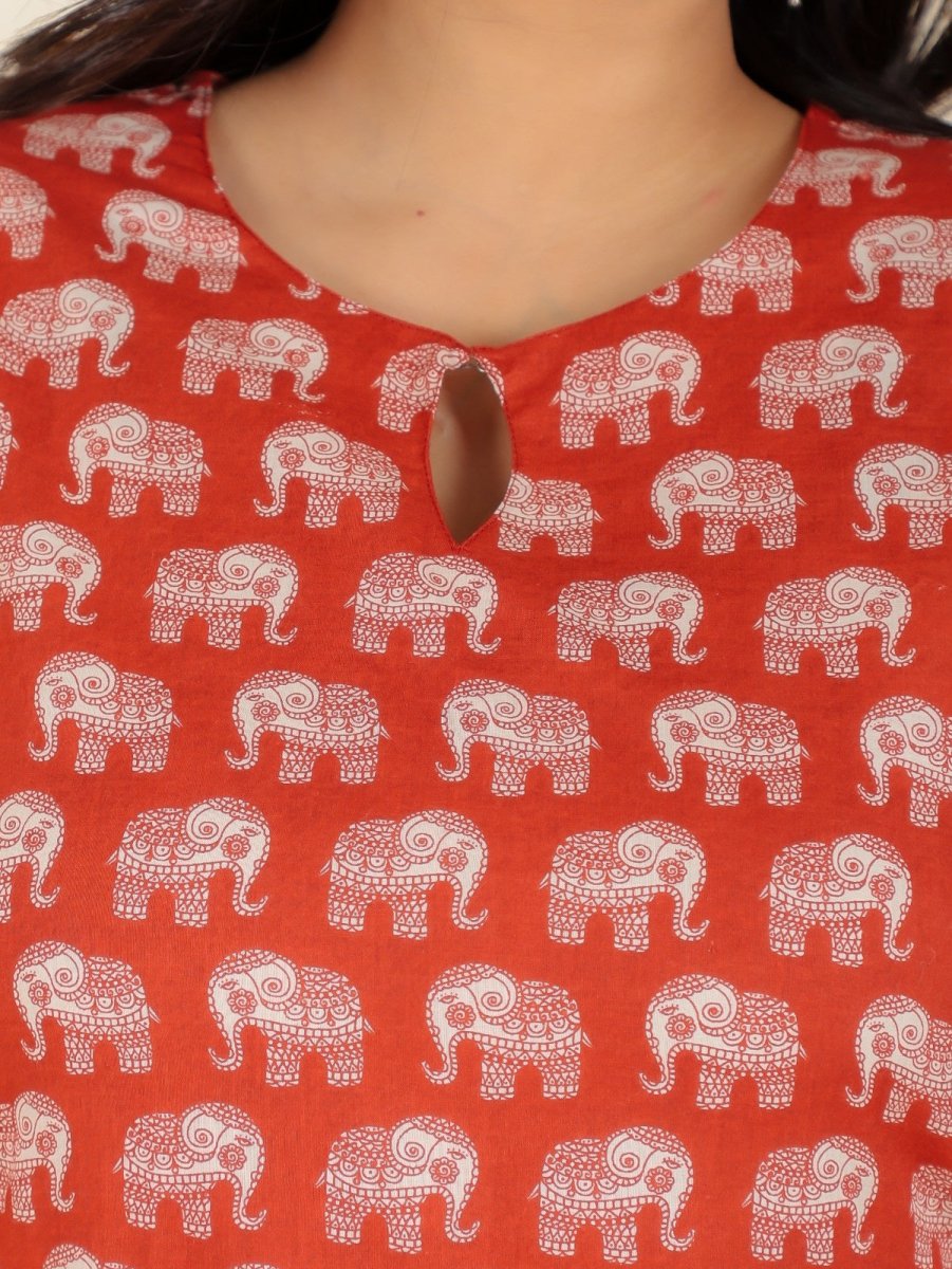 Aramya Straight Soft Cotton Animal Print Women's Kurta Set - Red | Grocsy