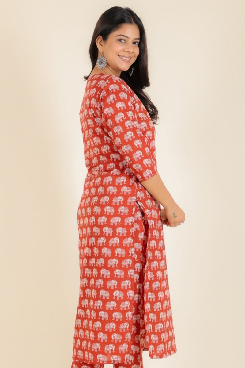 Aramya Straight Soft Cotton Animal Print Women's Kurta Set - Red | Grocsy