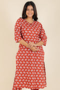 Aramya Straight Soft Cotton Animal Print Women's Kurta Set - Red | Grocsy