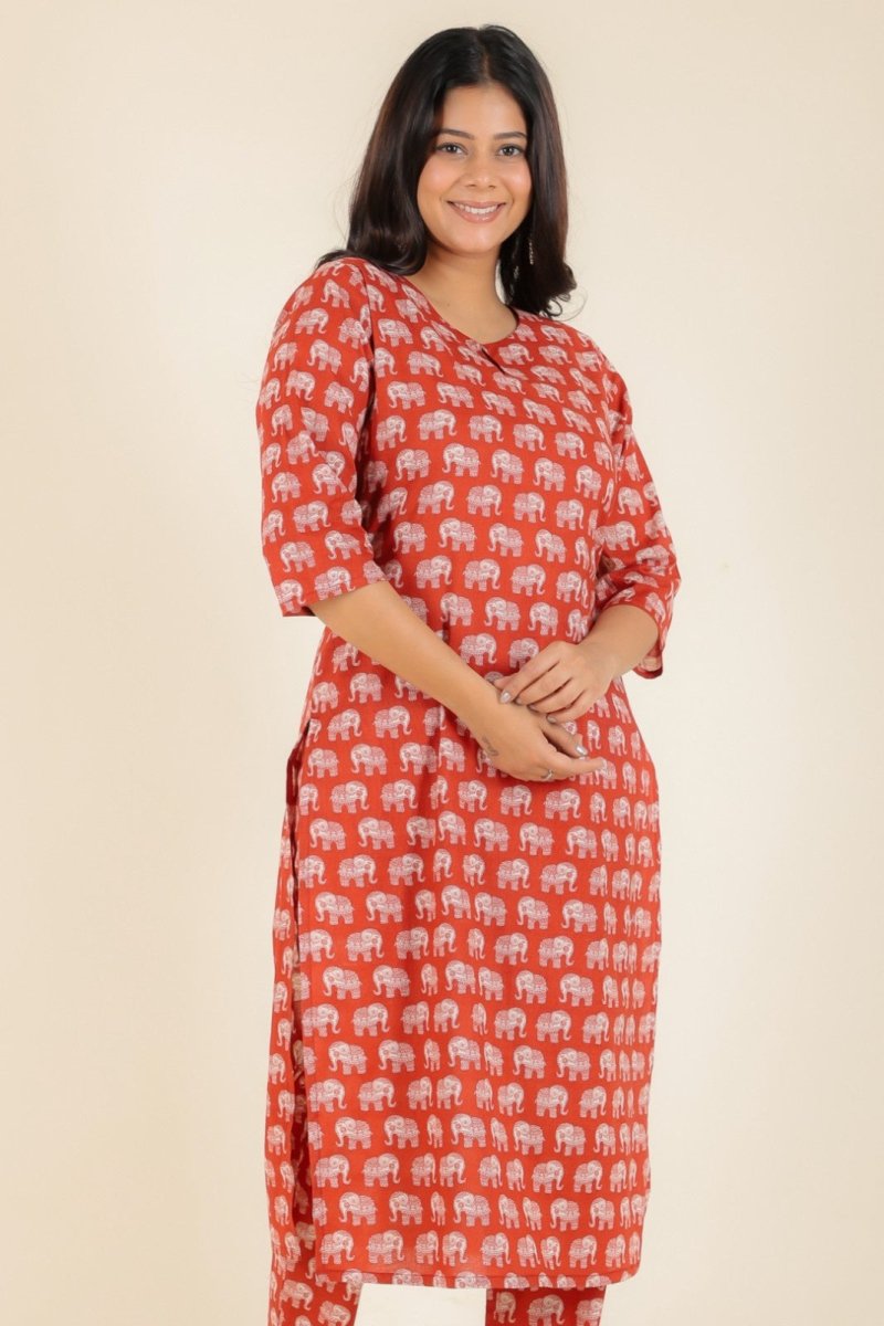 Aramya Straight Soft Cotton Animal Print Women's Kurta - Red | Grocsy