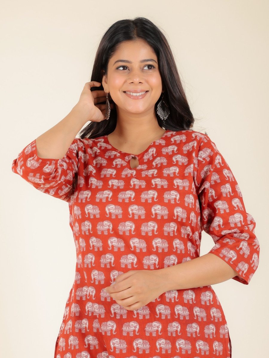 Aramya Straight Soft Cotton Animal Print Women's Kurta - Red | Grocsy