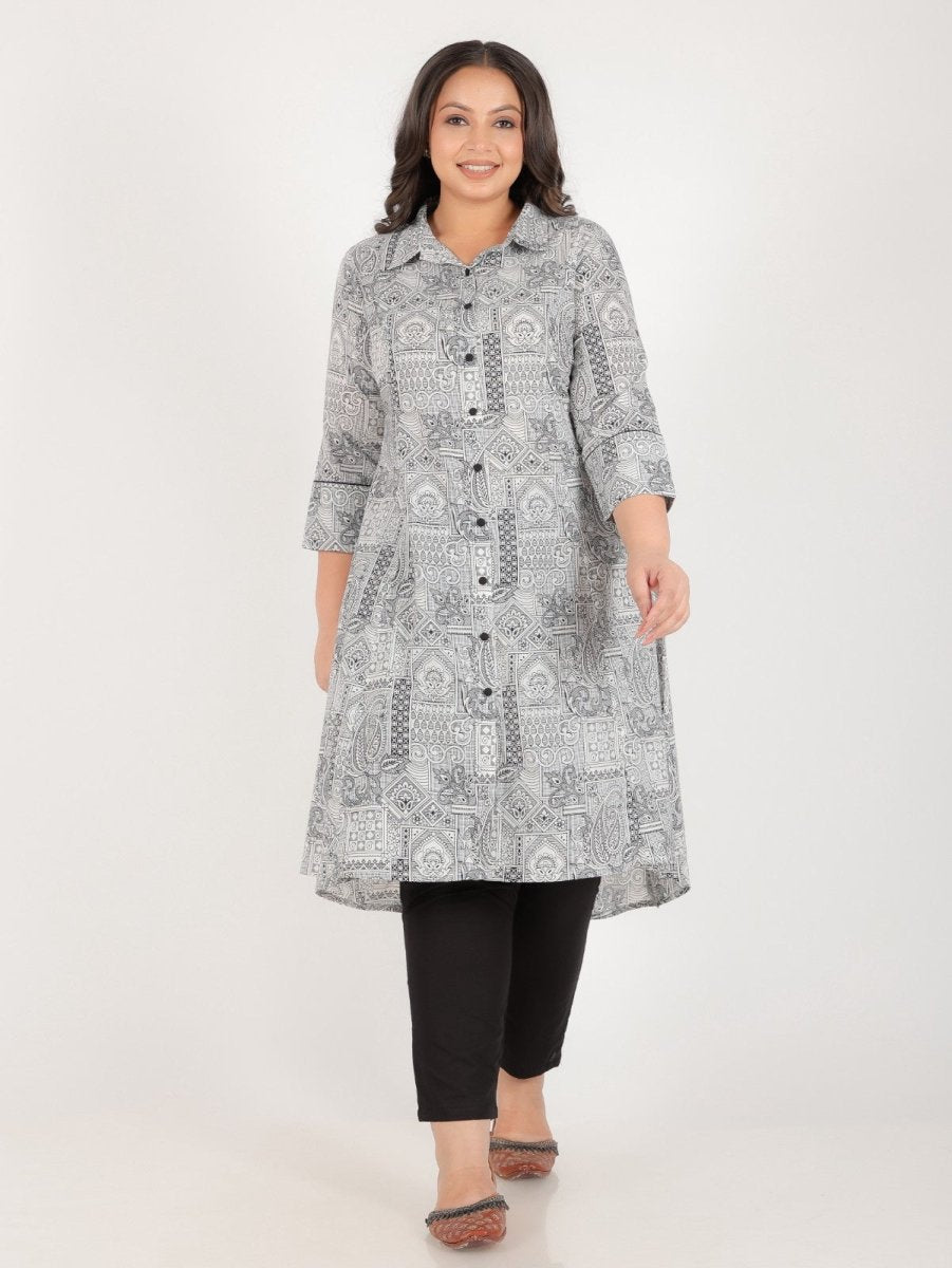 Aramya High Low Soft Cotton Patchwork Print Women's Kurta Set - Black | Grocsy