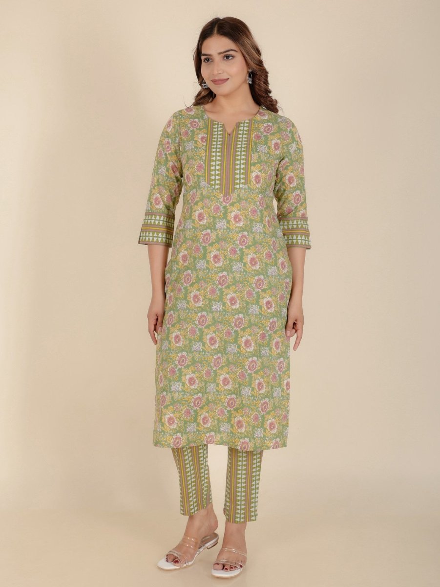 Aramya Straight Soft Cotton Floral Print Women's Kurta Set - Green | Grocsy
