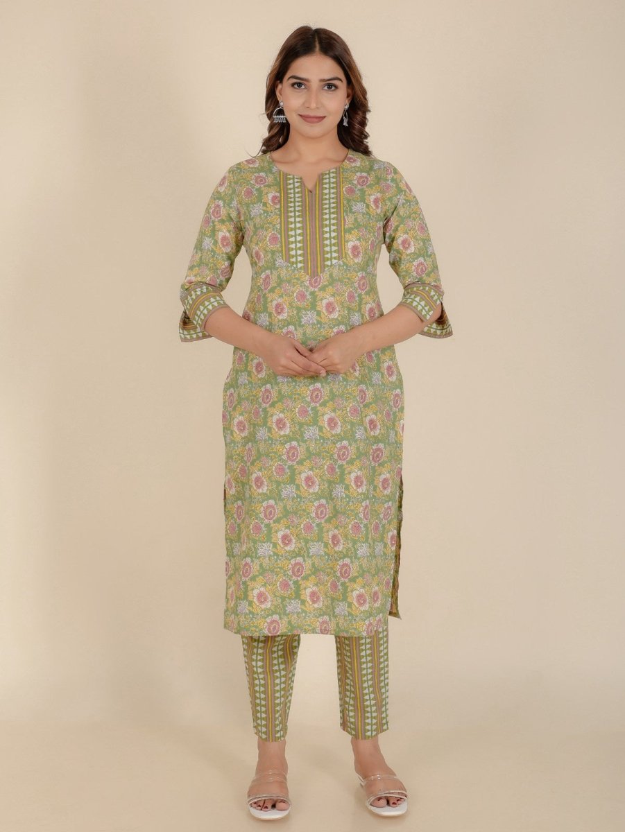 Aramya Straight Soft Cotton Floral Print Women's Kurta - Green | Grocsy