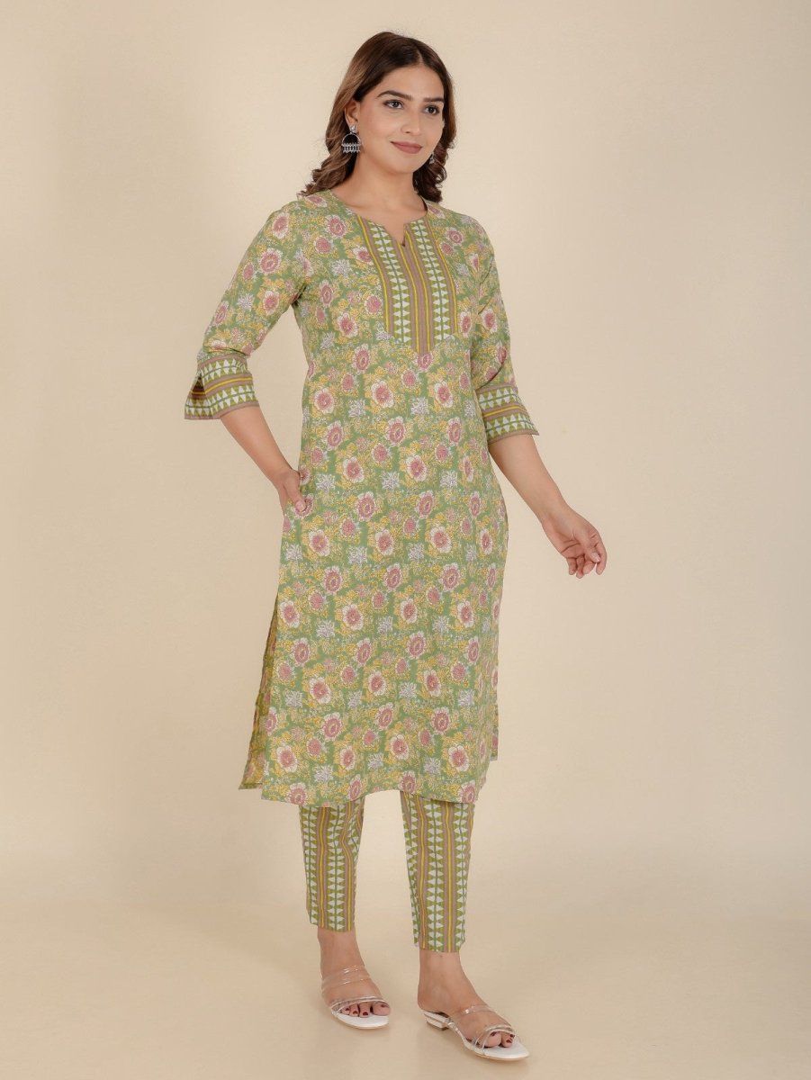 Aramya Straight Soft Cotton Floral Print Women's Kurta - Green | Grocsy