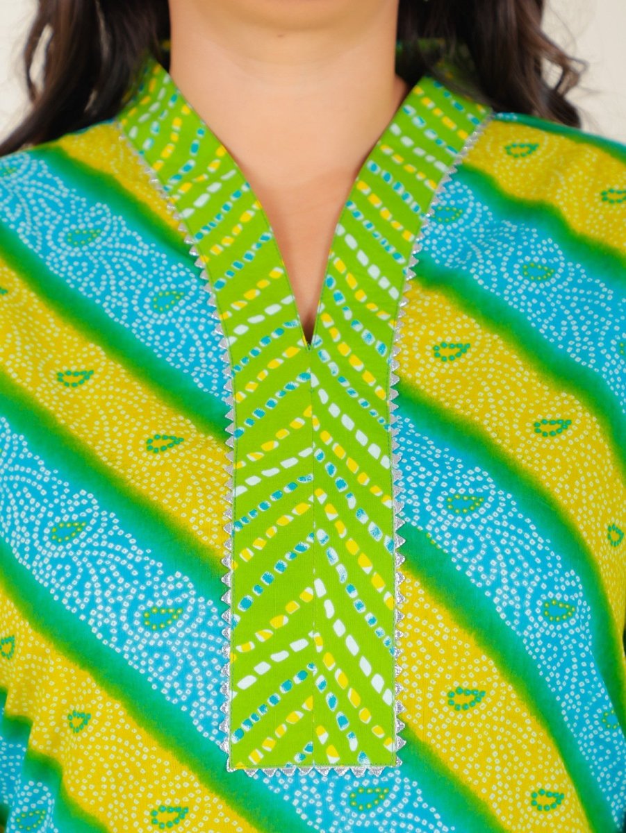 Aramya Straight Soft Cotton Bandhani Print Women's Kurta Set - Green | Grocsy