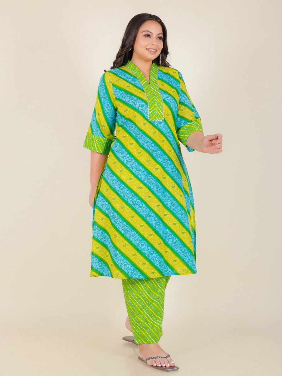 Aramya Straight Soft Cotton Bandhani Print Women's Kurta Set - Green | Grocsy