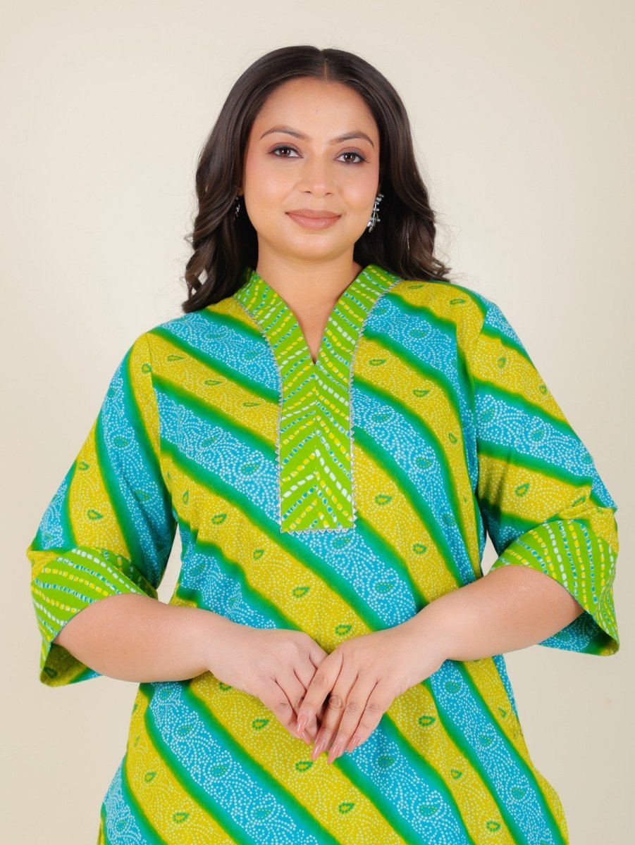 Aramya Straight Soft Cotton Bandhani Print Women's Kurta Set - Green | Grocsy