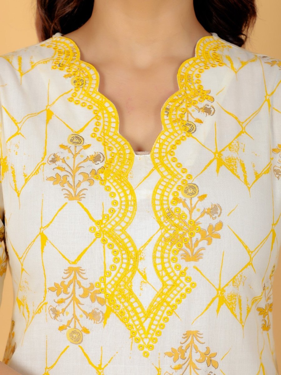 Aramya Straight Soft Cotton Floral Print Women's Kurta Set - Yellow | Grocsy