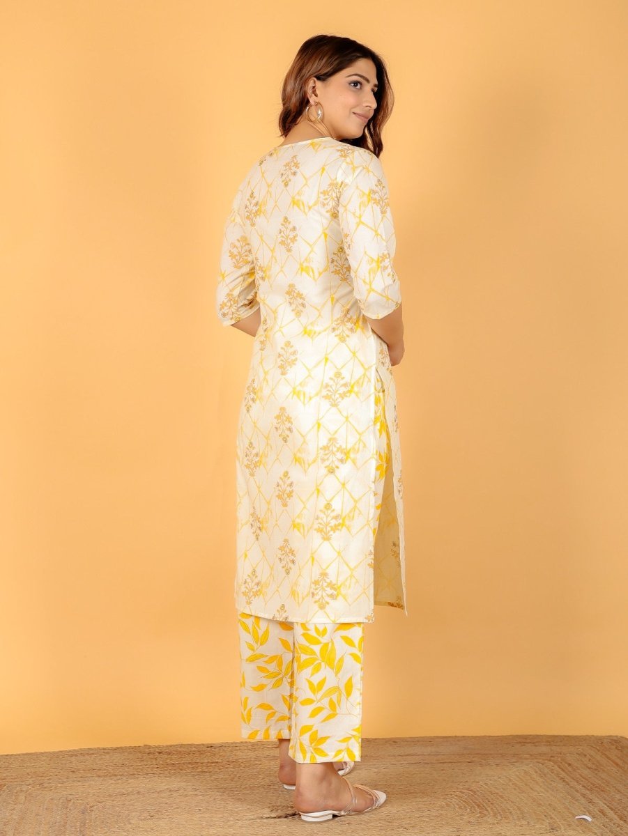 Aramya Straight Soft Cotton Floral Print Women's Kurta Set - Yellow | Grocsy