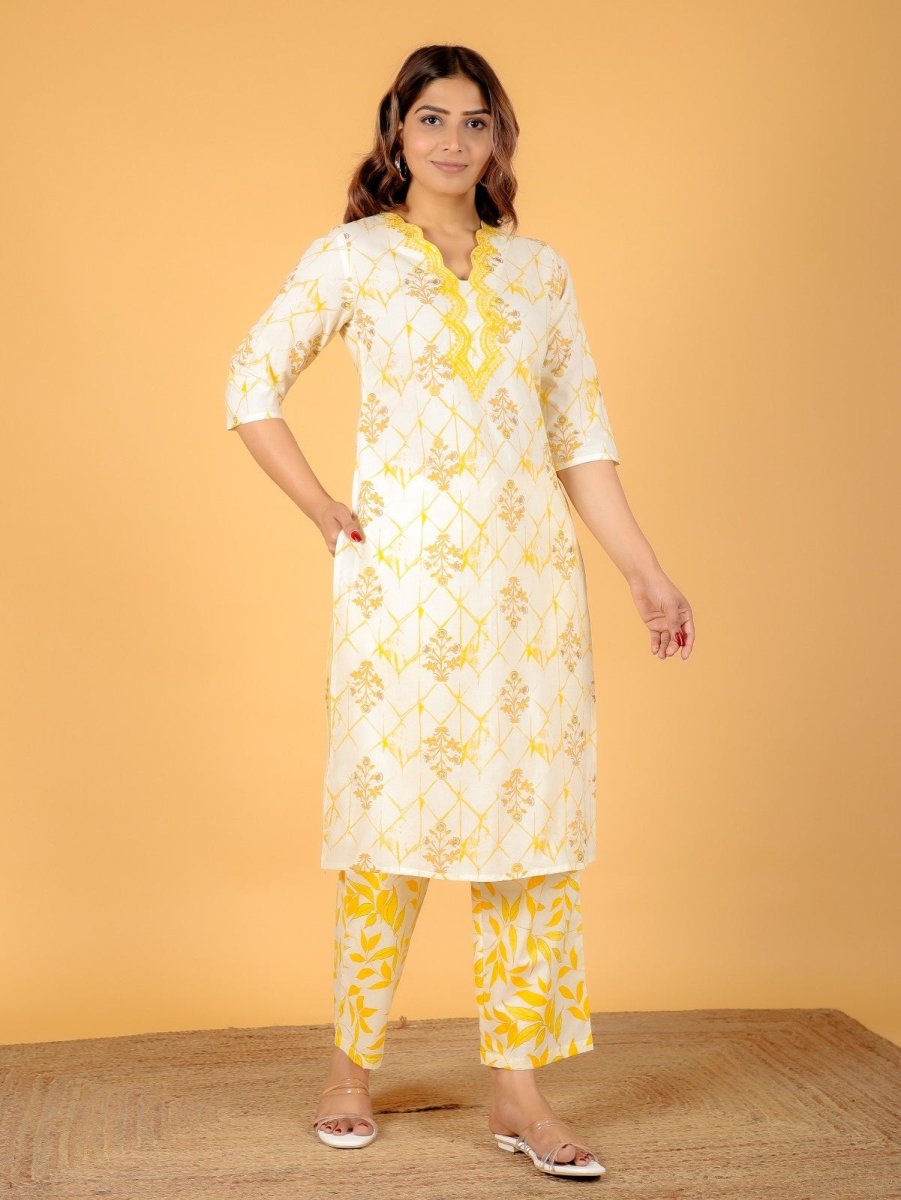 Aramya Straight Soft Cotton Floral Print Women's Kurta Set - Yellow | Grocsy