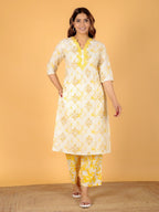 Aramya Straight Soft Cotton Floral Print Women's Kurta Set - Yellow | Grocsy