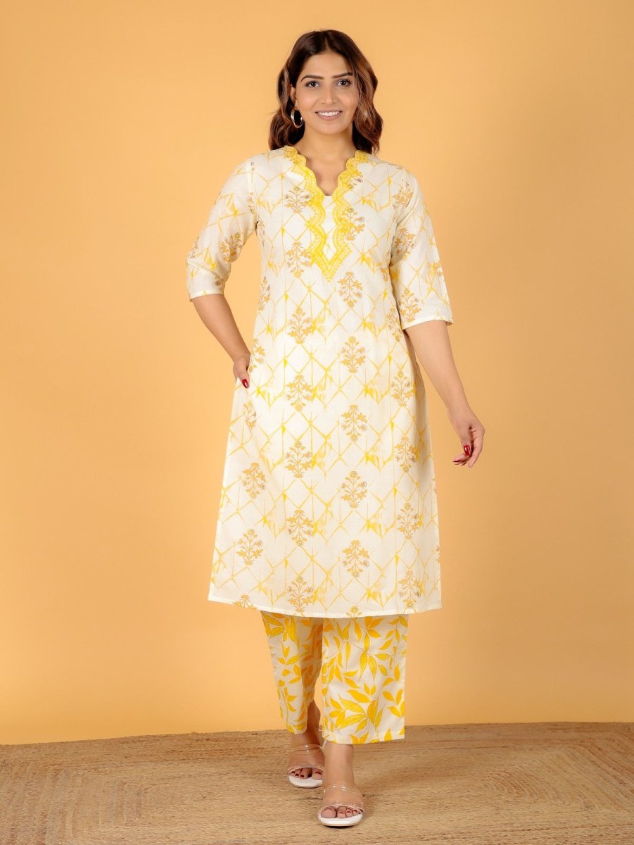 Aramya Straight Soft Cotton Floral Print Women's Kurta Set - Yellow | Grocsy