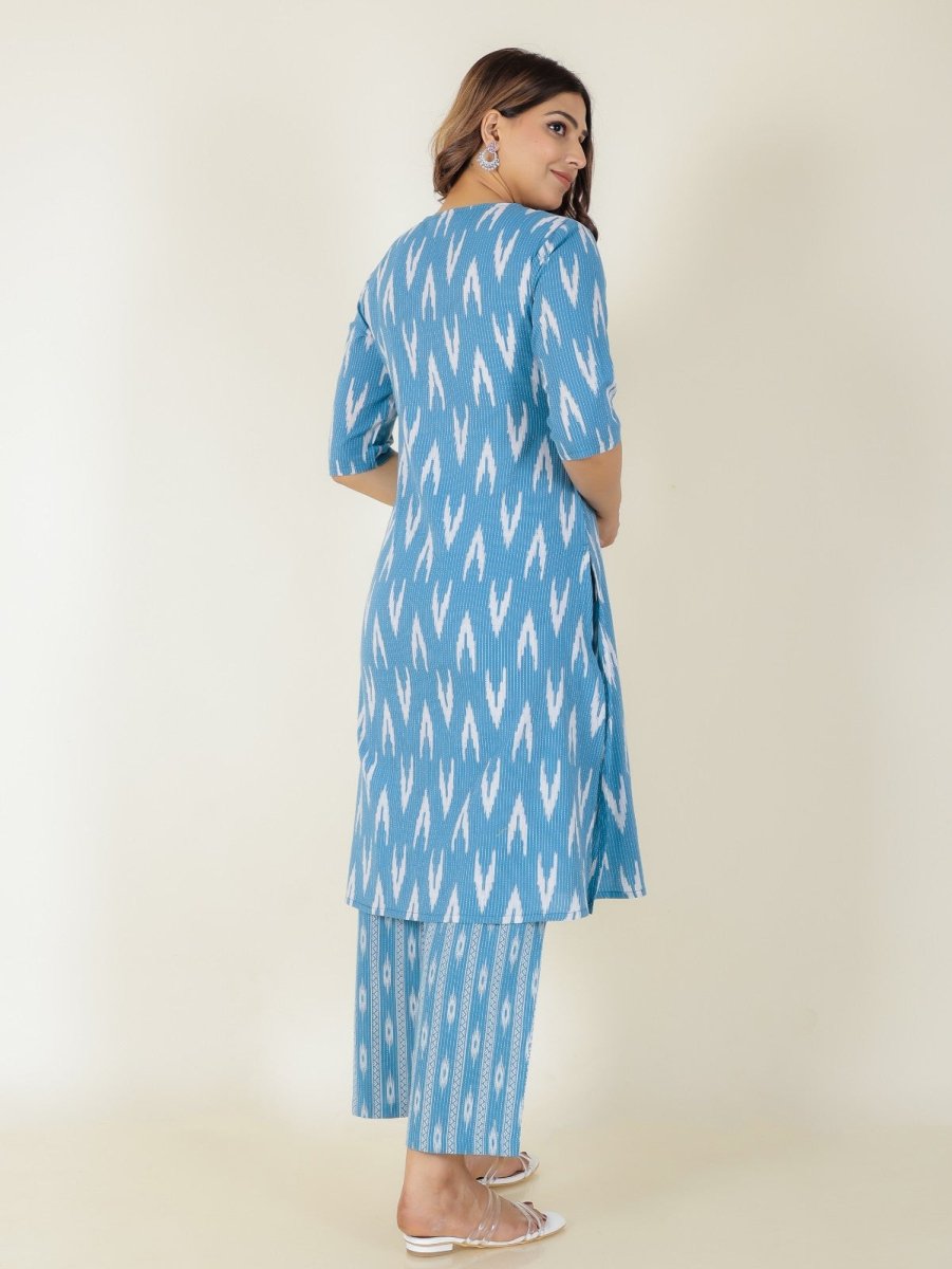Aramya A-line Kantha Cotton Ikat Print Women's Kurta Set - Blue | Grocsy