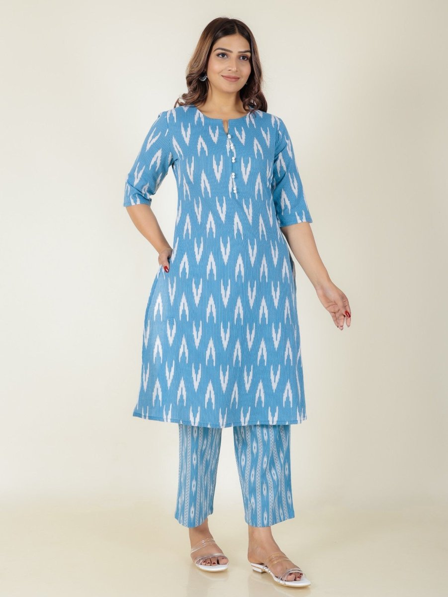 Aramya A-line Kantha Cotton Ikat Print Women's Kurta Set - Blue | Grocsy