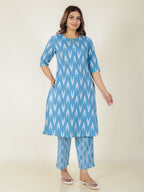 Aramya A-line Kantha Cotton Ikat Print Women's Kurta Set - Blue | Grocsy