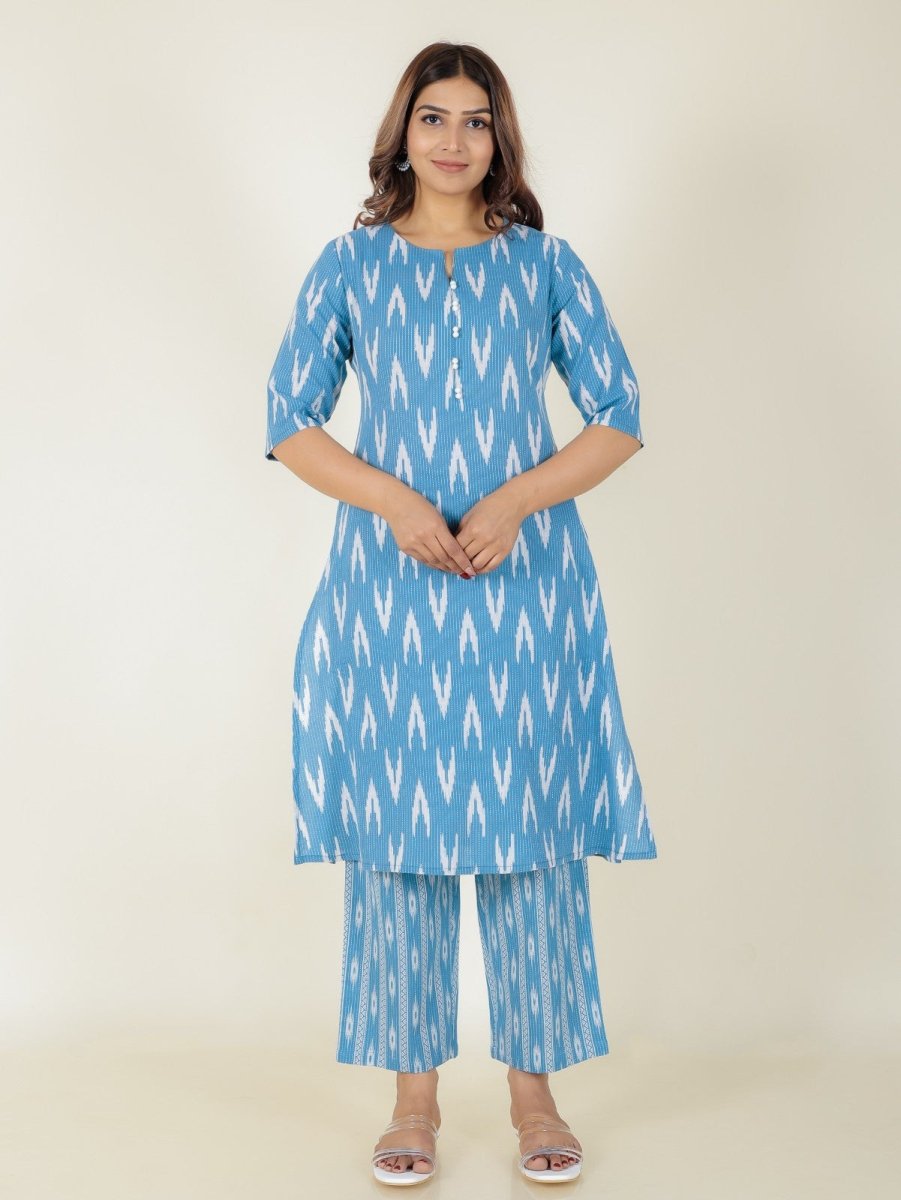Aramya A-line Kantha Cotton Ikat Print Women's Kurta Set - Blue | Grocsy
