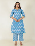 Aramya A-line Kantha Cotton Ikat Print Women's Kurta Set - Blue | Grocsy
