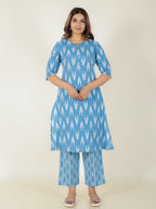 Aramya A-line Kantha Cotton Ikat Print Women's Kurta Set - Blue | Grocsy