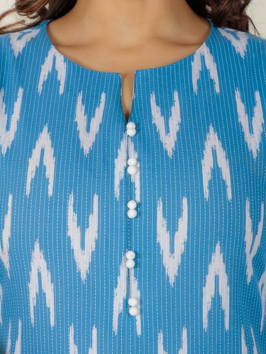 Aramya A-line Kantha Cotton Ikat Print Women's Kurta - Blue | Grocsy