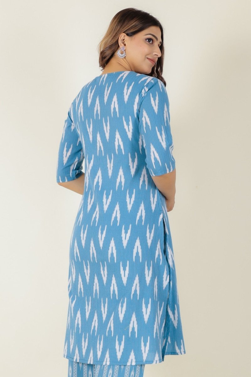 Aramya A-line Kantha Cotton Ikat Print Women's Kurta - Blue | Grocsy