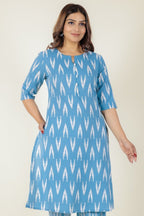 Aramya A-line Kantha Cotton Ikat Print Women's Kurta - Blue | Grocsy