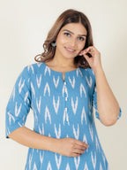 Aramya A-line Kantha Cotton Ikat Print Women's Kurta - Blue | Grocsy