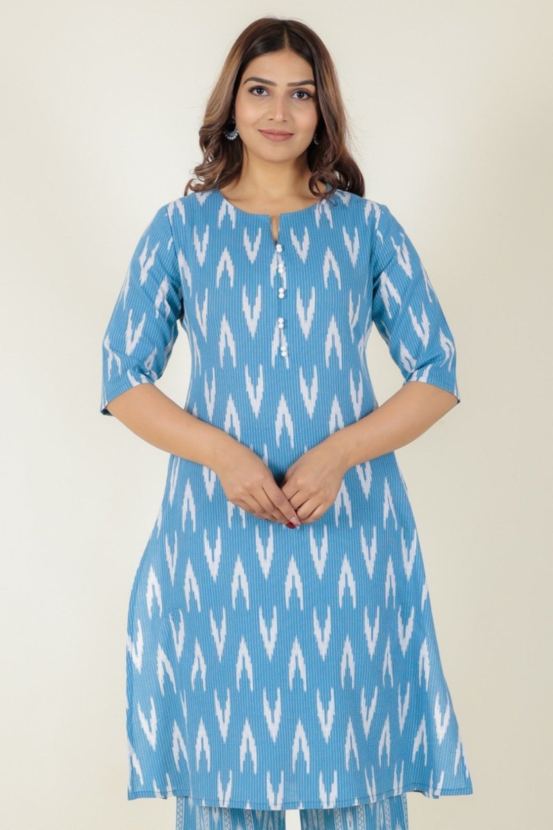Aramya A-line Kantha Cotton Ikat Print Women's Kurta - Blue | Grocsy