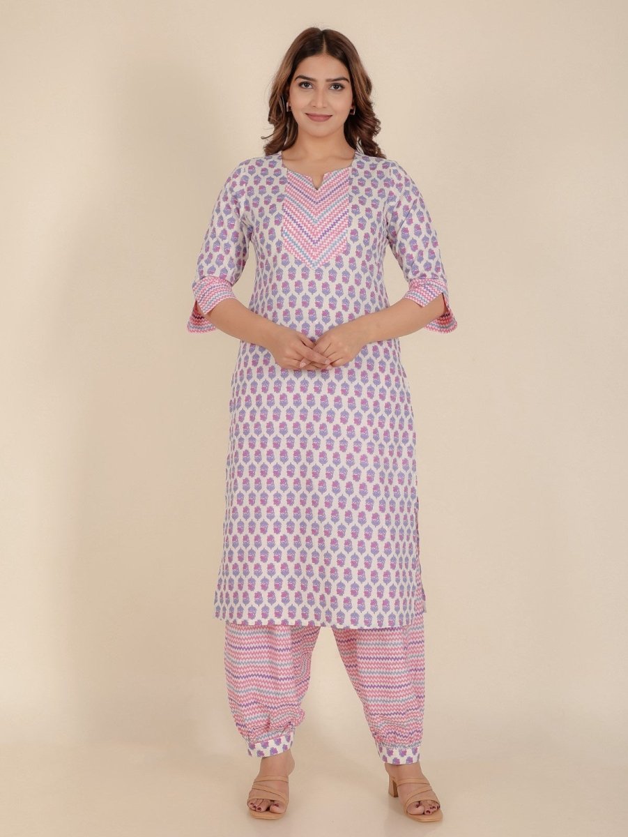 Aramya Straight Soft Cotton Floral Print Women's Kurta Set - Off White | Grocsy