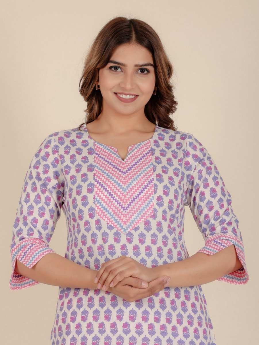 Aramya Straight Soft Cotton Floral Print Women's Kurta Set - Off White | Grocsy